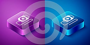 Isometric IV bag icon isolated on blue and purple background. Blood bag. Donate blood concept. The concept of treatment