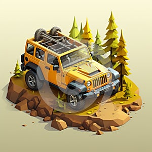 Isometric Jeep Wrangler On Mountain Landscape - Realistic And Detailed Renderings