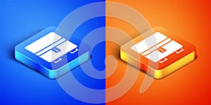 Isometric Jewelry box icon isolated on blue and orange background. Casket with jewelry. Square button. Vector