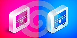 Isometric Jewelry box icon isolated on pink and blue background. Casket with jewelry. Silver square button. Vector