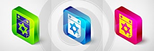 Isometric Jewish calendar with star of david icon isolated on grey background. Hanukkah calendar day. Square button