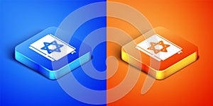 Isometric Jewish torah book icon isolated on blue and orange background. Pentateuch of Moses. On the cover of the Bible