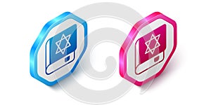 Isometric Jewish torah book icon isolated on white background. On the cover of the Bible is the image of the Star of