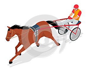 Isometric Jockey and horse. Racing horse competing. Race in harness with a sulky or racing bike. Vector illustration.