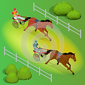 Isometric Jockey and horse. Two racing horses competing with each other. Race in harness with a sulky or racing bike