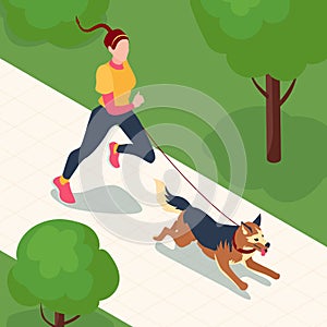 Isometric jogging in the park of young female runner with a dog, morning running, healthy lifestyle