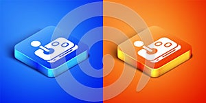 Isometric Joystick for arcade machine icon isolated on blue and orange background. Joystick gamepad. Square button