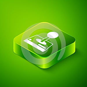 Isometric Joystick for arcade machine icon isolated on green background. Joystick gamepad. Green square button. Vector