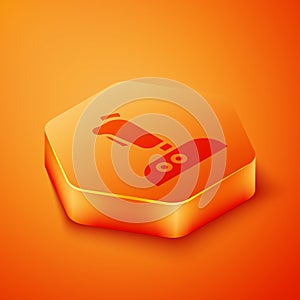 Isometric Joystick for arcade machine icon isolated on orange background. Joystick gamepad. Orange hexagon button