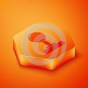 Isometric Joystick for arcade machine icon isolated on orange background. Joystick gamepad. Orange hexagon button