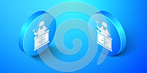 Isometric Judge with gavel on table icon isolated on blue background. Blue circle button. Vector