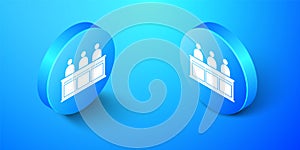 Isometric Jurors icon isolated on blue background. Blue circle button. Vector