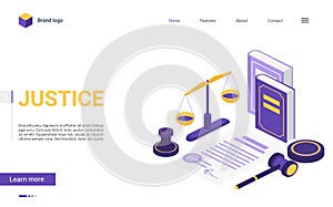 Isometric justice and law firm, cartoon 3d concept landing page with courtroom items