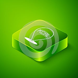 Isometric Kcal icon isolated on isolated on green background. Health food. Green square button. Vector