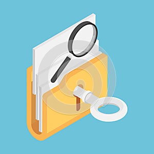 Isometric Key Unlock Folder with Magnifying Glass on Top
