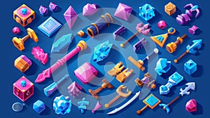 An isometric keyword banner with blue background and long tail keywords.