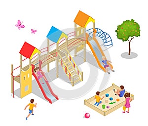 Isometric kids, boys and girls are playing on the playground. Swing carousel sandpit slide rocker rope ladder bench.