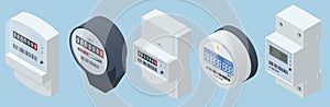 Isometric kilowatt hour electric meter, power supply meter. Watthour meter of electricity for use in home appliance photo