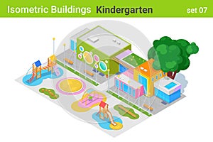 Isometric Kindergarten Building with Children Playground flat vector collection