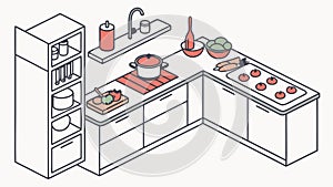 Isometric Kitchen Design with Corner Counter and Appliances, vector design Generative AI