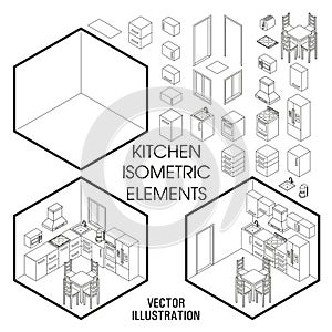 Isometric kitchen interior constructor. Vector set of isometric Furniture elements of home interior isolated on white