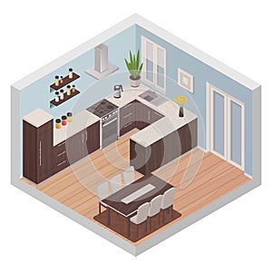 Isometric Kitchen Interior With Cooking And Dining Zones