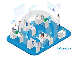 Isometric Laboratory Chemistry Medical Virus Lab flat vector illustration. People Scientists working sitting standing with vaccine