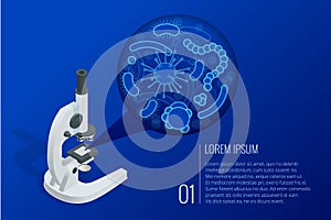 Isometric laboratory lens of microscope and closeup microscopic body micro-organisms disease-causing objects, different