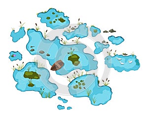 Isometric lakes scene. Isolated ponds landscape. Cartoon arts for 2D game. Natural elements with islands, plants