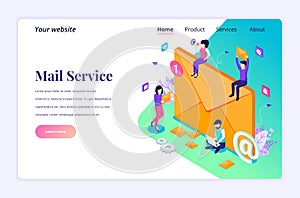 Isometric landing page design concept of Email marketing  mailing services with characters