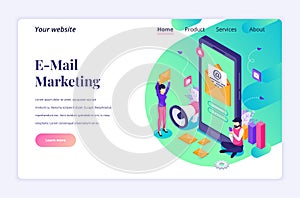 Isometric landing page design concept of Email marketing services with a man sitting near a giant smartphone