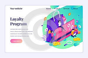 Isometric landing page design concept of Loyalty marketing program with character  Discount and loyalty card