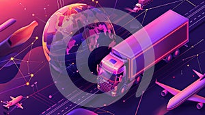 This isometric landing page focuses on global shipping solutions, ship port delivery companies, truck cargo transports