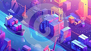 This isometric landing page illustrates loading and unloading of ships, freight transportation organizations, delivery