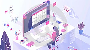 Isometric landing page for social media content calendar, man and woman in front of a huge computer screen with month