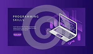 Isometric Landing Page Template of Web Development, Programming And Coding Skills for Website. WEB Banner Illustration