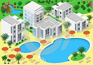 Isometric landscape of luxury beachfront hotel with swimming pools for summer rest. Set of detailed buildings, lakes, waterfall, b