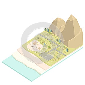 Isometric landscape with road and mountains