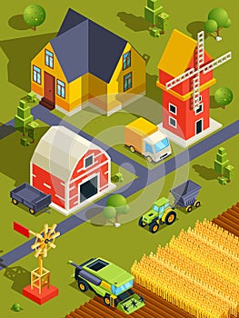 Isometric landscape of village or farm with various buildings and agricultural machines