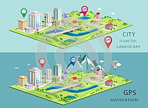 Isometric landscapes with city buildings, parks, plains, hills, mountains, lakes and rivers. Set of detailed city buildings. 3d is