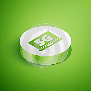 Isometric Laptop with 5G new wireless internet wifi icon isolated on green background. Global network high speed