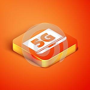 Isometric Laptop with 5G new wireless internet wifi icon isolated on orange background. Global network high speed