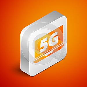 Isometric Laptop with 5G new wireless internet wifi icon isolated on orange background. Global network high speed