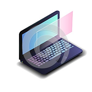 Isometric laptop with blue gradient screen isolated on white background.Realistic modern 3d computer laptop for software developme