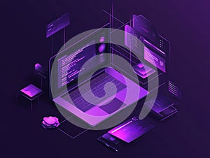 Isometric Laptop Coding Interface Purple Neon Design, Software Development, Web Design Software Development, Web Design