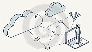 An isometric laptop connected to a cloud computing network vector design Generative AI