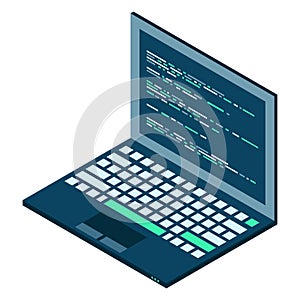 Isometric Laptop. 3d isometric laptop computer. Abstract programming language and program code on a laptop screen. Vector
