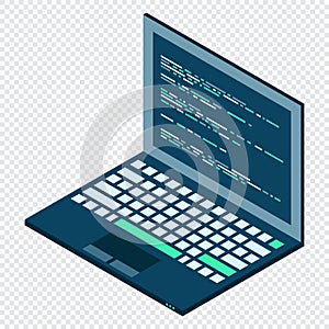 Isometric Laptop. 3d isometric laptop computer. Abstract programming language and program code on a laptop screen. Vector