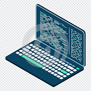 Isometric Laptop. 3d isometric laptop computer. Abstract programming language and program code on a laptop screen. Vector