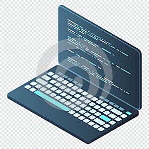 Isometric Laptop. 3d isometric laptop computer. Abstract programming language and program code on a laptop screen. Vector